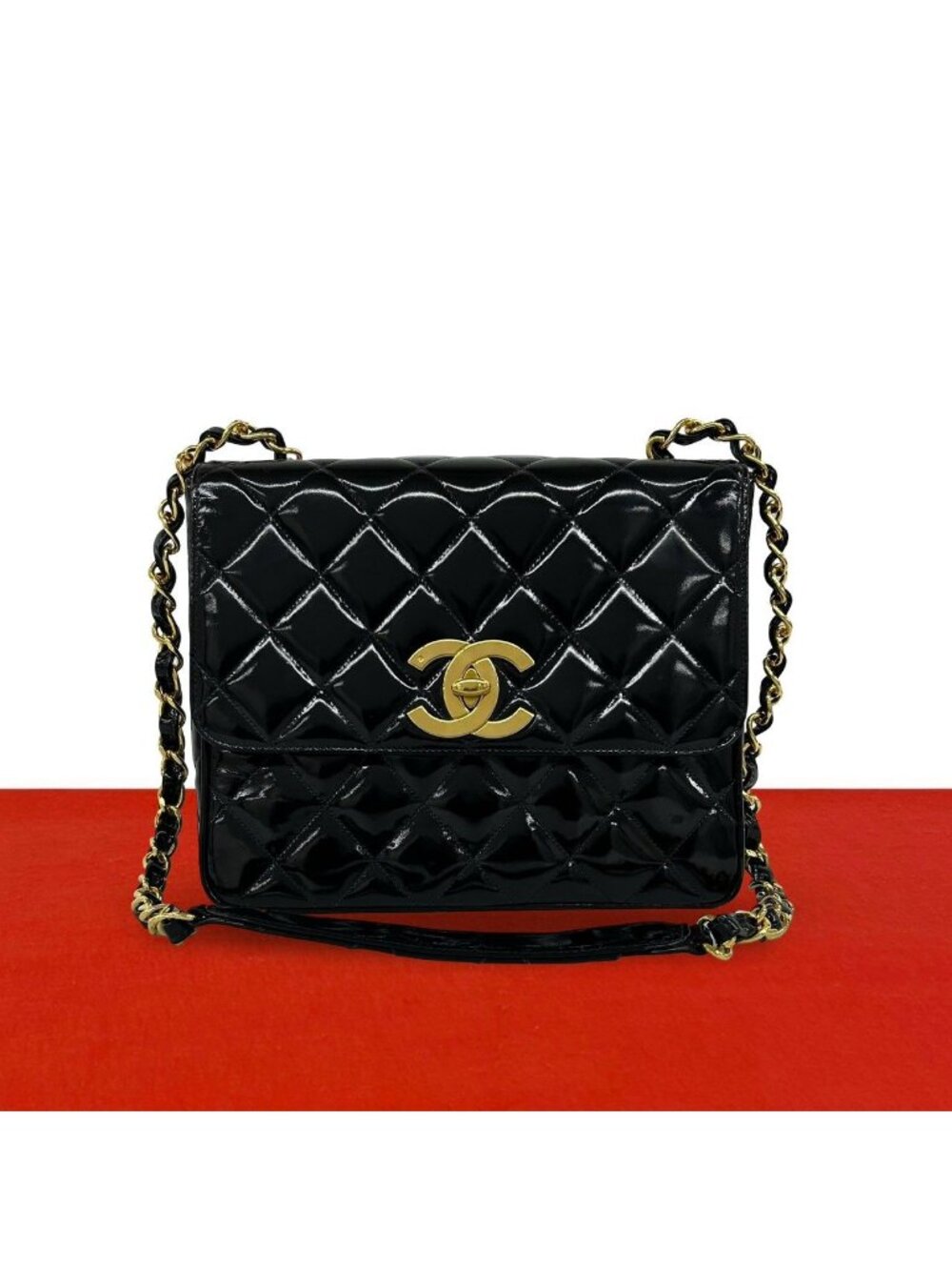 Chanel Vintage Quilted CC Logo Patent Leather Chain Shoulder Bag Black